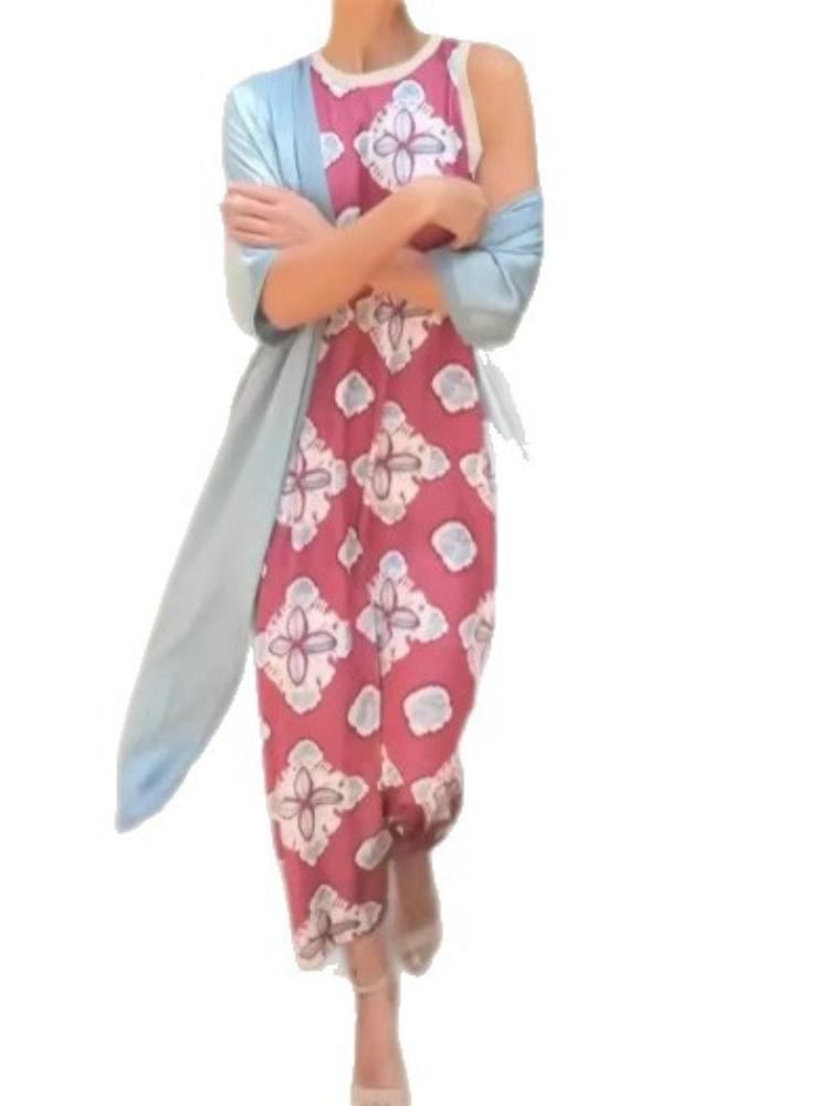 

Женское платье без рукавов с цветочным принтом, с подходящим кардиганом и золотым клатчем XXXL