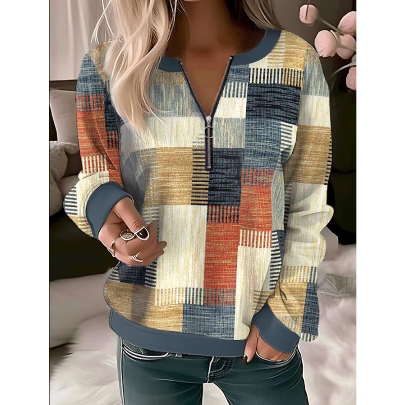 Vår och höst damblus Tryckt V-ringad dragkedja Lös långärmad blus