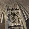 Summer Japanese Retro Pocket Cat Cartoon Printed Short Sleeve Tshirt Male Female Couples Unisex College Style Oversized Top