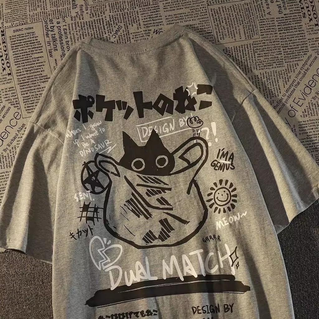 

Summer Japanese Retro Pocket Cat Cartoon Printed Short Sleeve Tshirt Male Female Couples Unisex College Style Oversized Top 4XL