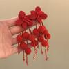 Red hairball flower fringed stud earrings European and American versatile earrings women