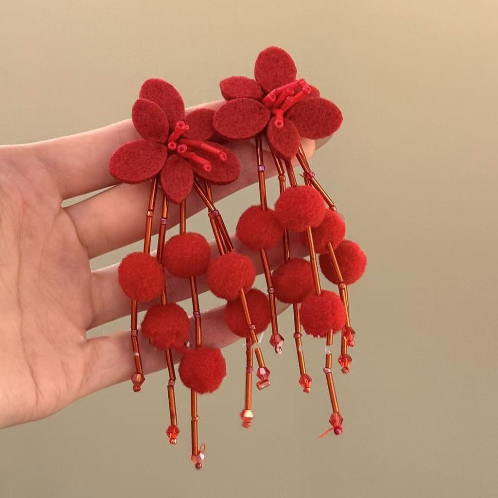 Red hairball flower fringed stud earrings European and American versatile earrings women