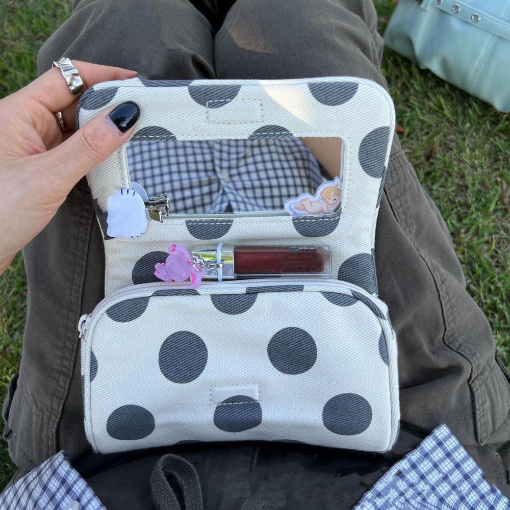 Large Capacity Canvas Polka Dot Cosmetic Bag Portable Small Item Bag Travel Organizer Bag Woman