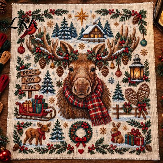 Holiday Animal Needlepoint Patterns Christmas Cross Stitch Kit, Embroidery Starter Seasonal Handmade Present for Friends Pattern, Festive Craft