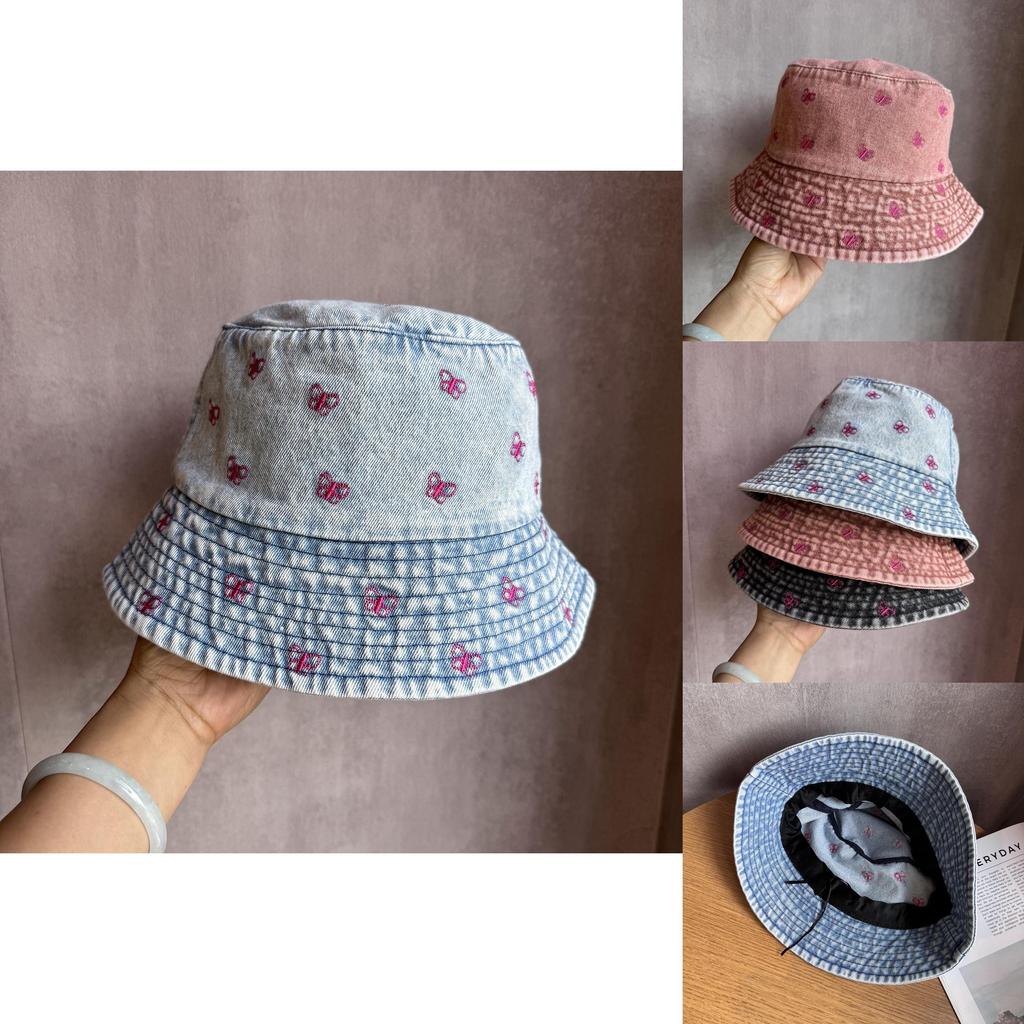 Summer Sun Shade Bucket Hat With Cotton Denim Material And Embroidered Cartoon For Women