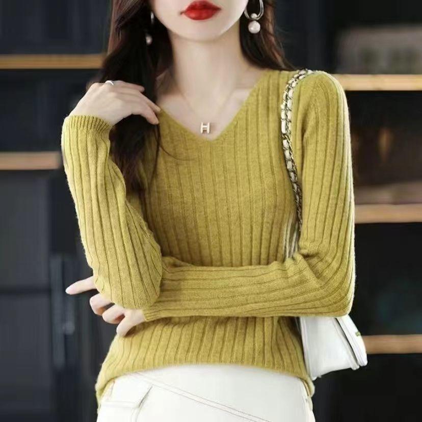Maglione da Donna Girocollo a V Sottile Manica Lunga Primavera Autunno Sottogiacca Maglione Semplice ed Elegante Top Versatile