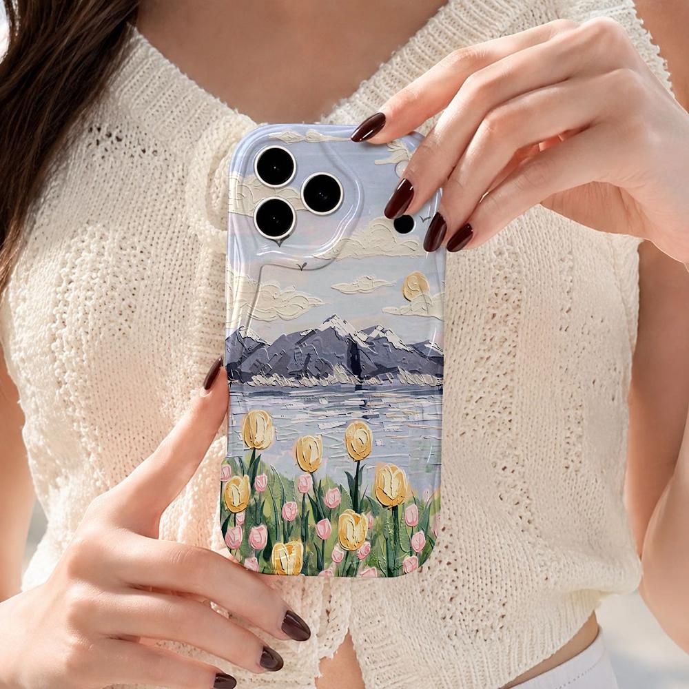 Oil Painting Mountain Tulip Lake Scenery Wavy Edge Phone Case For iPhone 17 16 15 14 13 12 11 8 7 Plus Pro Max Soft Cover