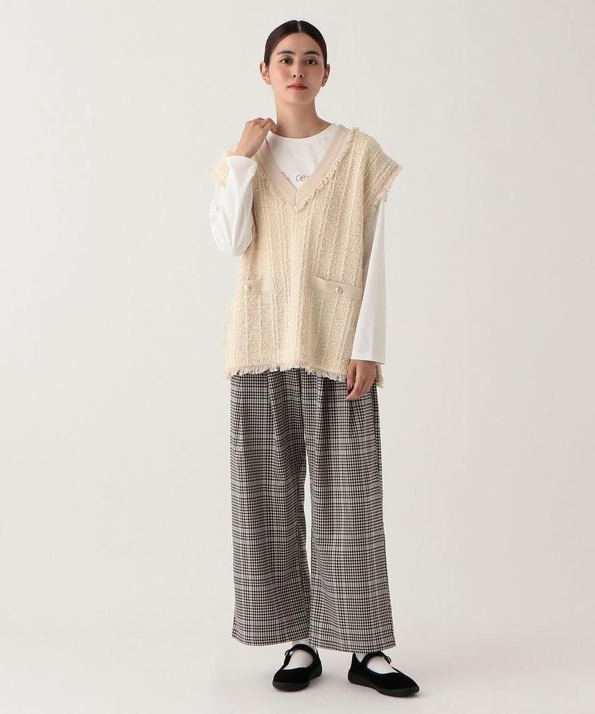 Afternoon Tea Living JG19 Check Semi-Wide Tuck Pants, Beige