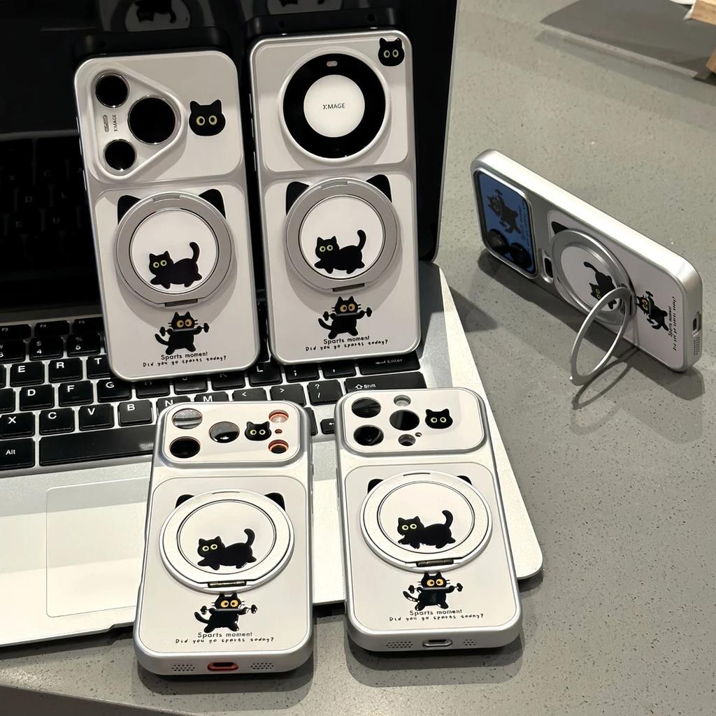 Cute Black Cat Rotating Bracket Is Suitable for Apple iPhone16/17Pro Mobile Phone Case 15 Electroplated Large Window 14 Sets