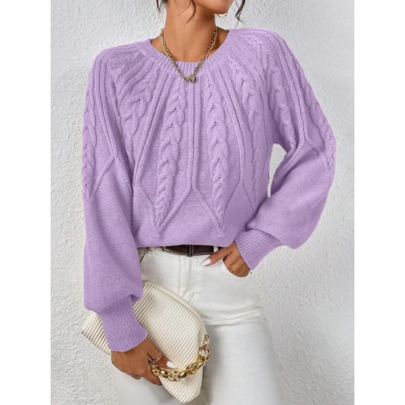Womens Crew Neck Long Sleeve Knit Sweater Loose Fit Cable Solid Color Casual Winter Basic Top