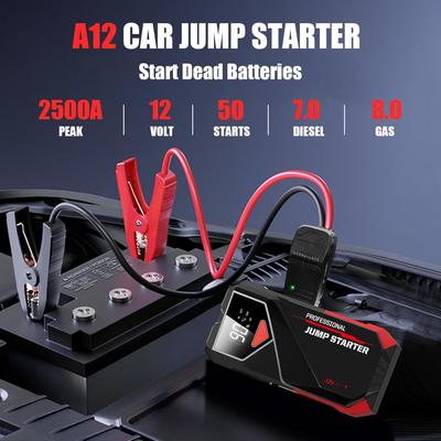 Portable 2500A Car Jump Starter 12V with LCD Display & Jumper Cables - Black