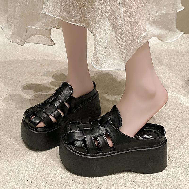 Fashion 8CM Women Leather Sandals New Ladies Shoes Woman Pumps Women Cross-strap Slides Platform Shoes Heels Slip On Round Toe Slippers