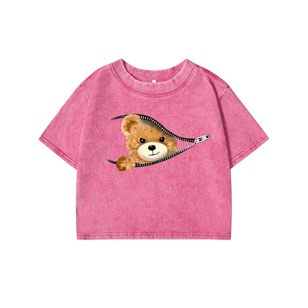

Teddy Bear With Probeprint Female Washed Short Tshirt Breathable Casual Fashion Distress Midriff-Baring Top Women M