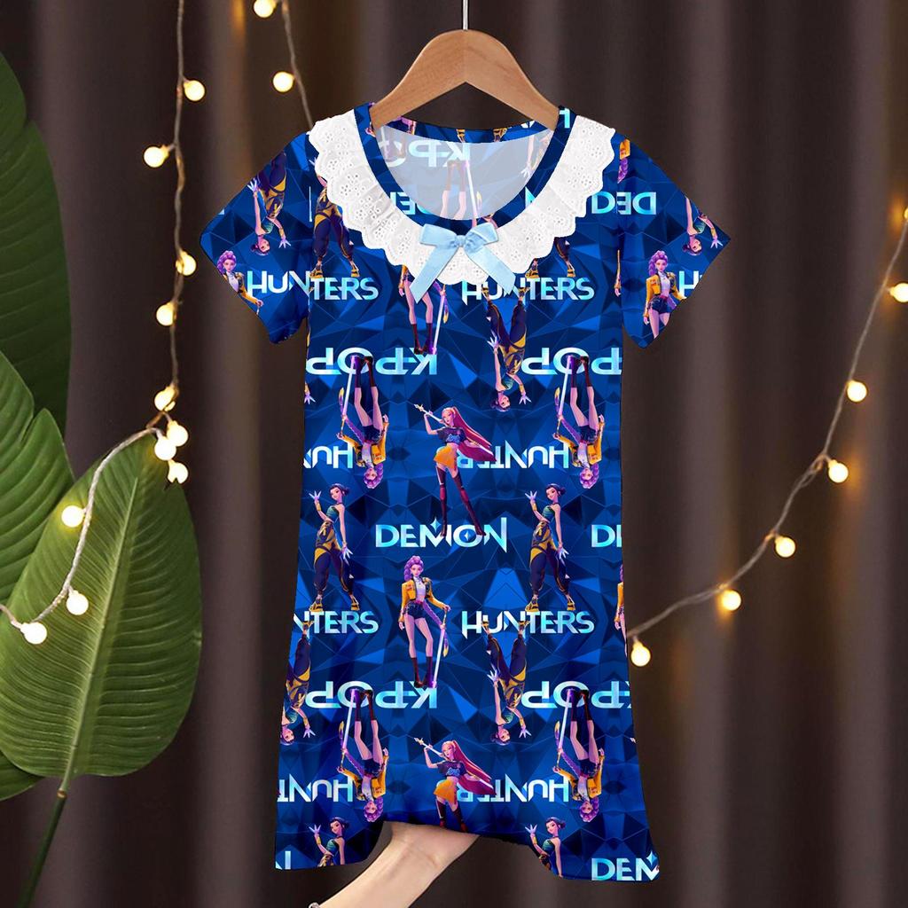 Girls' Summer Princess Lace Pajamas - Frozen Cartoon Nightgown with Short Sleeves KPOP Style Homewear