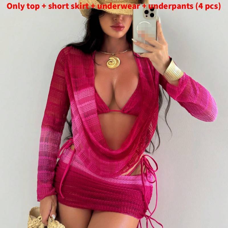 Womens Swimwear Set With Sheer Mesh Long Sleeve Coverup Bikini 4piece For Beach Relaxation