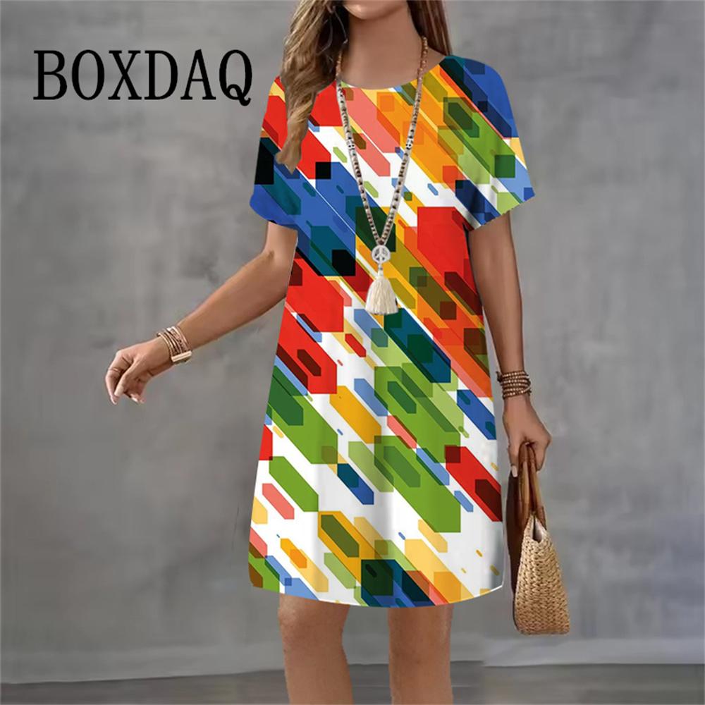 Tie Dye Geometric Gradient Dresses For Women New Summer Fashion 3D Print Short Sleeve Loose Dress