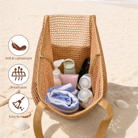 Mesh Beach Tote, Women Shoulder Bag, Sandproof Breathable Beach Bag with Zippered Pocket, Summer Travel Tote Bag for Holiday Daily Use