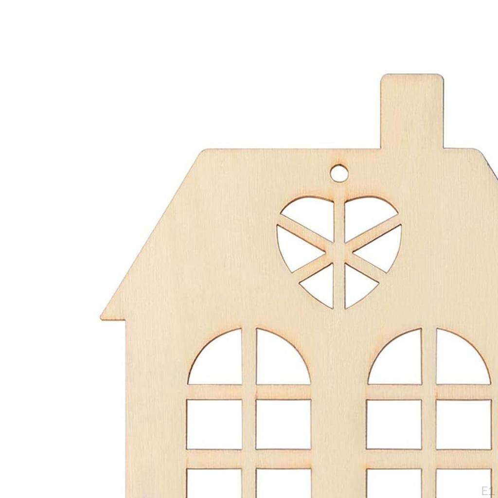 10Pcs Wooden House Cutout Ornaments with Rope Handmade Unfinished Cutouts for Scrapbook