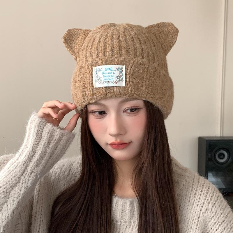Autumn and Winter Warm Cat Ear Woolen Hat for Women Japanese Style Cute Thickened Windproof Pullover Hat Japanese Style Casual Ear Protection Hat