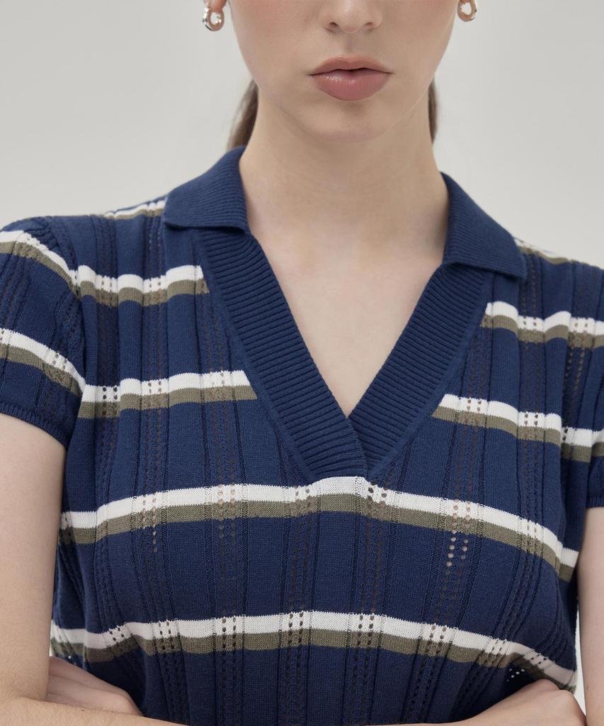 THEKNITCOMPANY Orea Stripe Polo Shirt - Cavern Navy