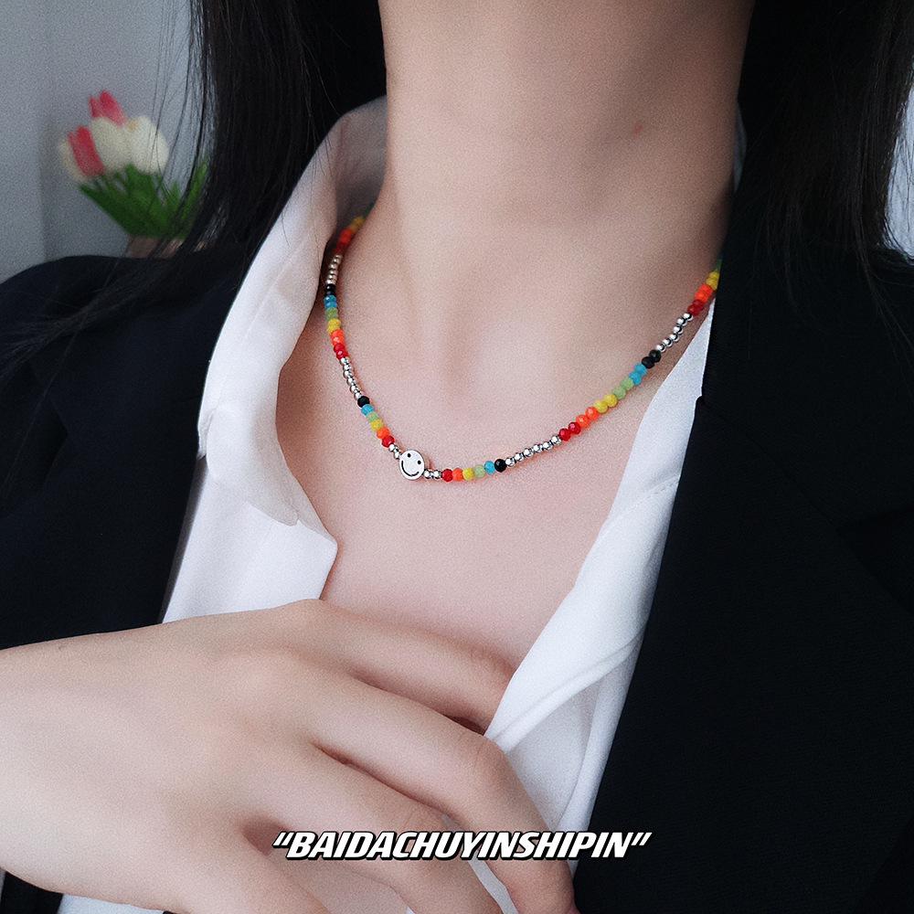 Korean Style S925 Sterling Silver Smiley Face Rainbow Necklace - Niche Beaded Clavicle Chain for Women