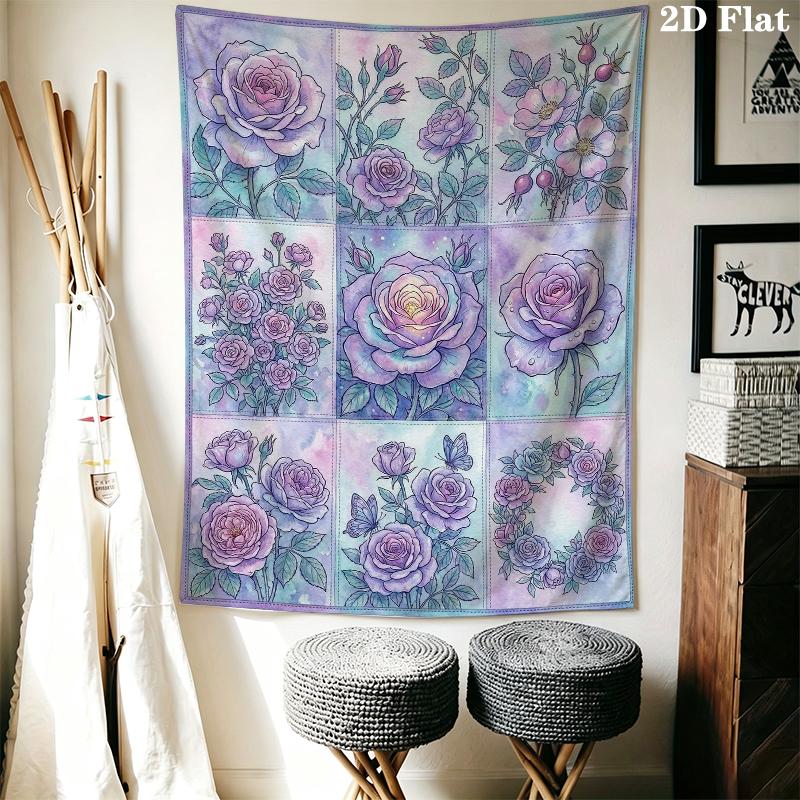 Dreamy Watercolor Rose Wall Tapestry Aesthetic Wall Hanging Printed Fabric Blanket Decorative Tapestries for Bedroom Living Room Home Decor