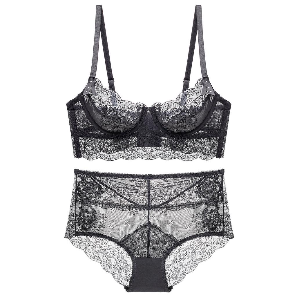 New French Women's Sexy Lingerie Ultra-thin Erotic Gathering Adjustable Lace Bra Set with Side-support Bra