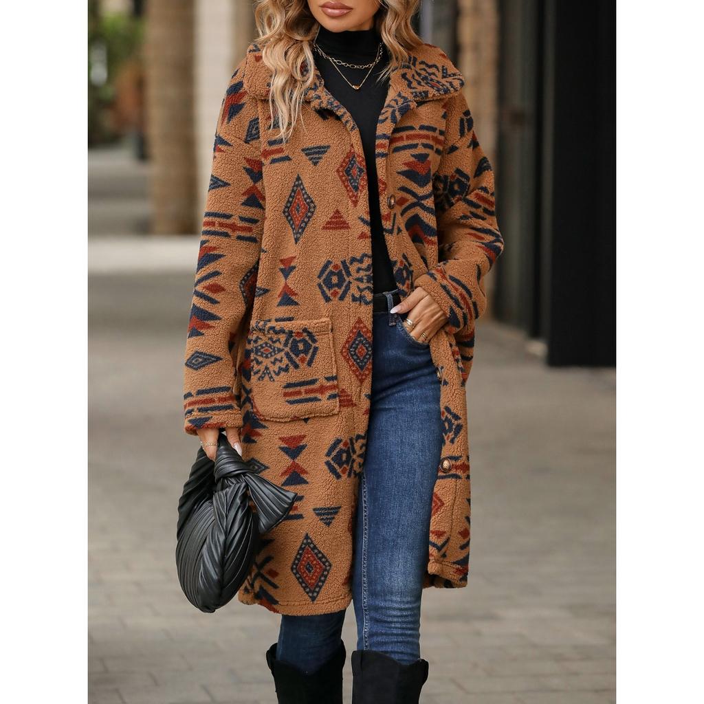 GMXIA Autumn and Winter Women's Clothing Single-breasted Ethnic Style Printed Plush Long Coat