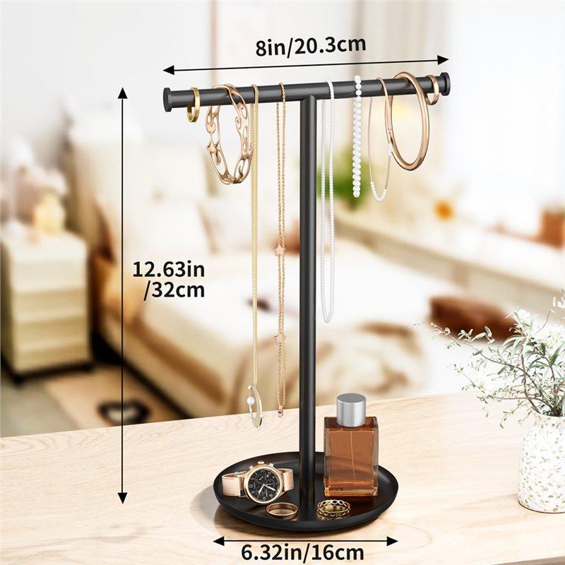 Stojak Organizer na Naszyjniki z Tacką do Przechowywania - Stojak na Biżuterię w Kształcie T na Bransoletki, Kolczyki, Pierścionki Stylowy Design
