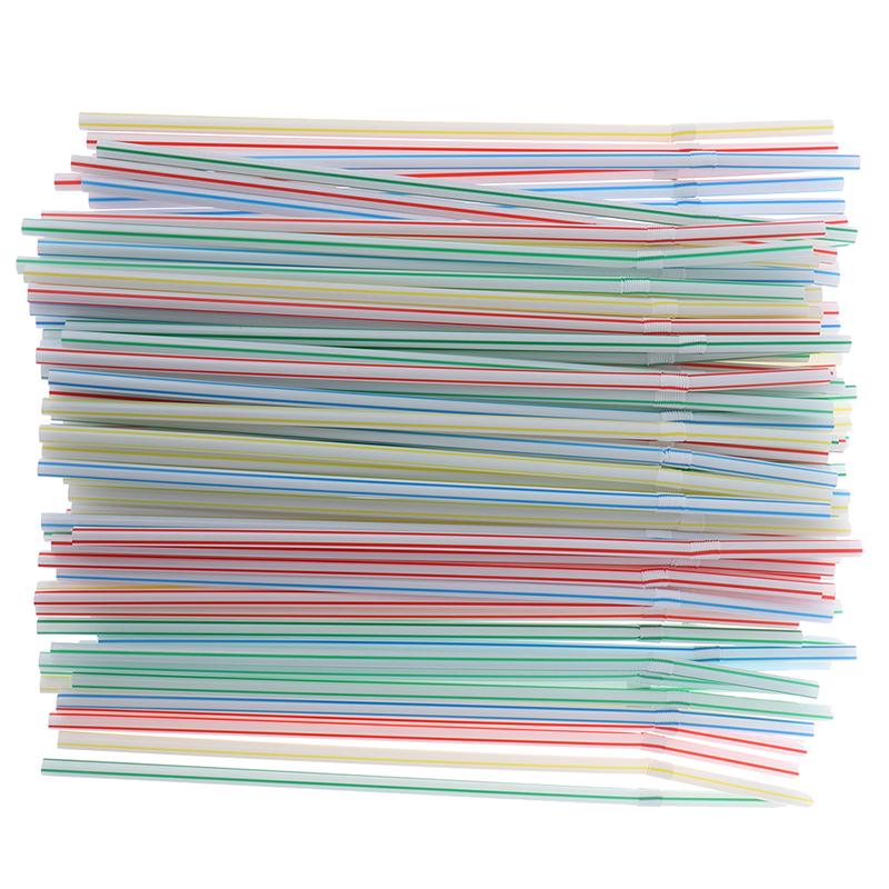 100Pcs Disposable Straws Flexible Plastic Straws Striped Rainbow Drinking Straw