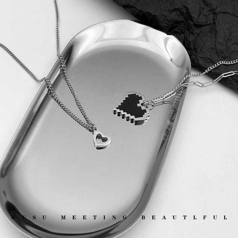 Light Luxury Black Mosaic Love Double-layer Titanium Steel Necklace Men and Women Stacked Wind Fashion Sweet and Cool Accessories