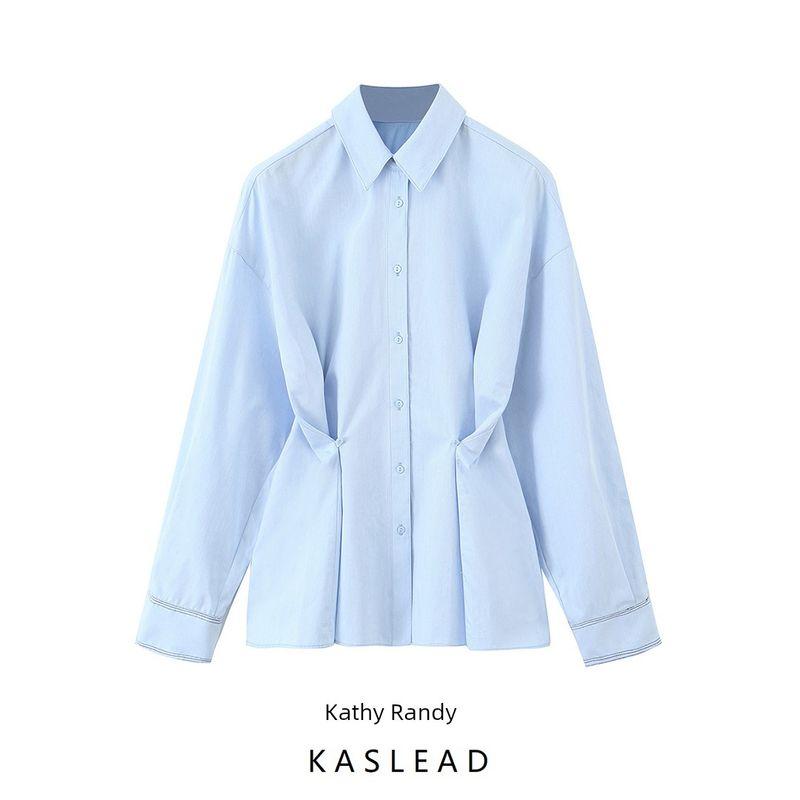 Kaslead New Arrival Women's Fashion Style Waist Button Decoration Long Sleeves Lapel Shirt 2190772 406