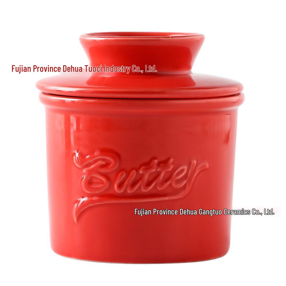 Ceramic Butter Dish with Embossed Logo - Blue Lid Set for Butter, Cheese, and Tallow Storage