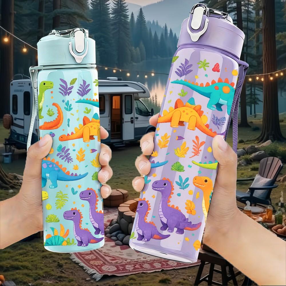 1PC Dinosaur Cartoon Colorful Sticker Print 750ml Color Plastic Sports Water Bottle Leakproof Flip Straw Lid Suitable for Sports Office Home Use