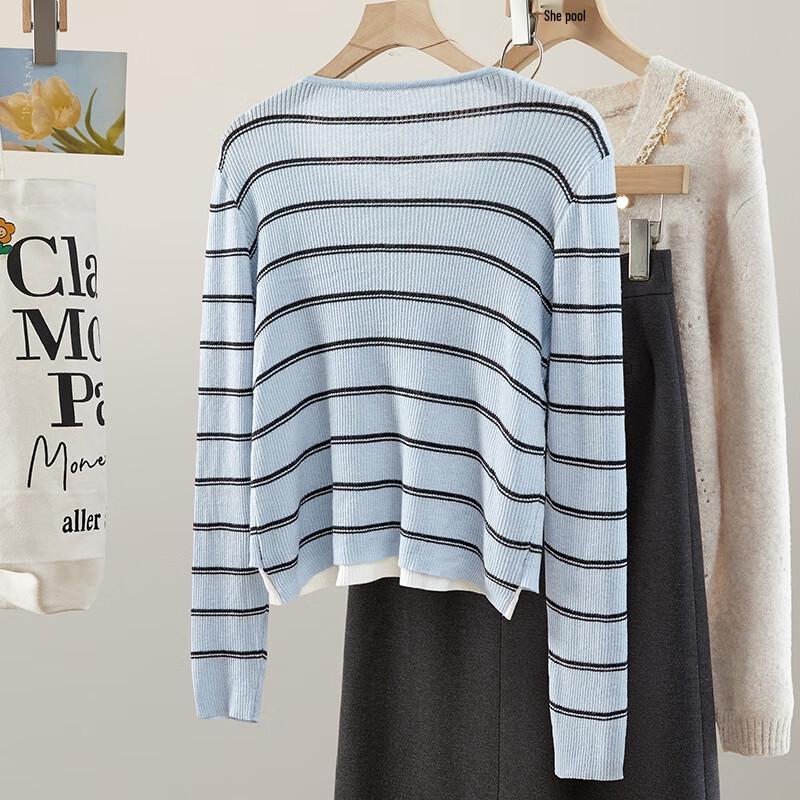 Women's Fake Two-Piece Wool Blend Color-Block Striped Knit Top