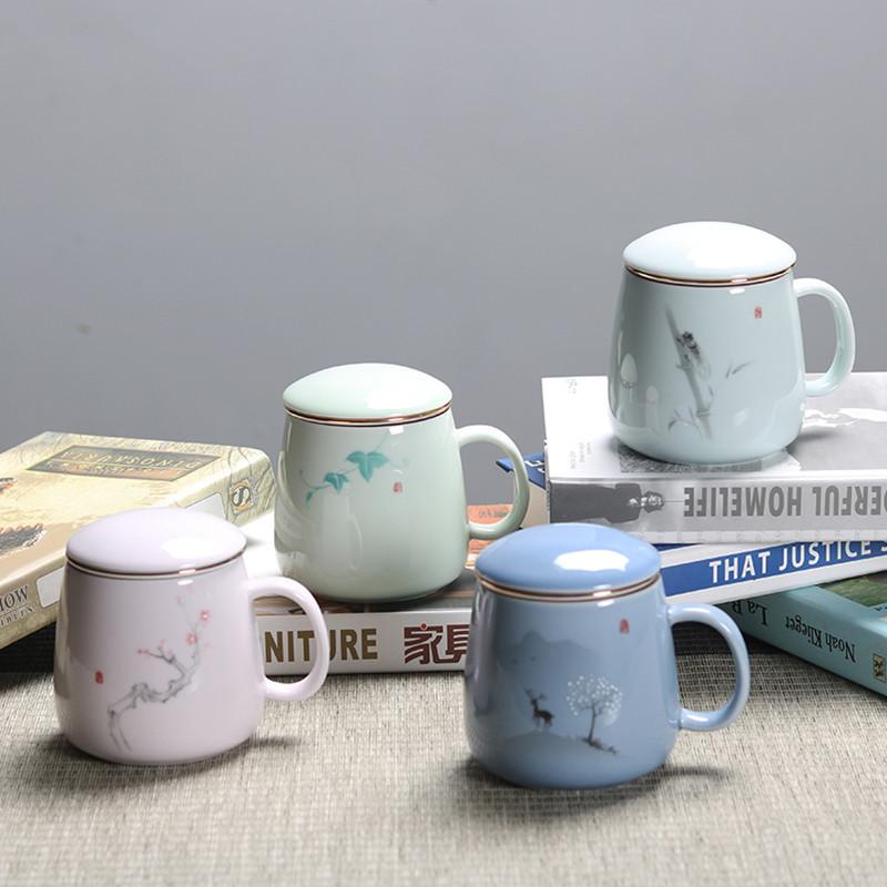 Tazza da tè con filtro in ceramica Coppia di bicchieri semplici e di grande capacità Tazza da caffè per la casa con coperchio Tazza per la separazione del tè da ufficio in porcellana
