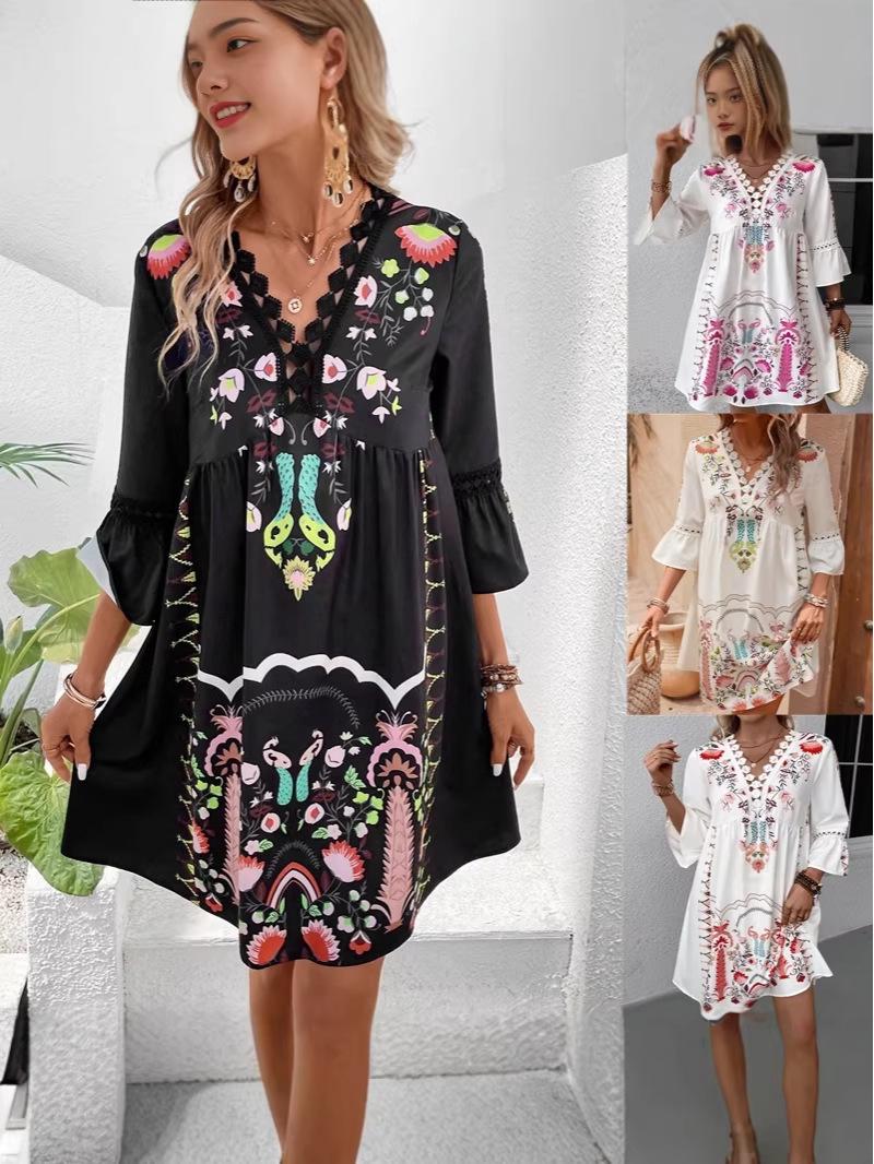2026 Women s Summer V-neck Lace Patchwork Casual Printed Dress S абрикосовый