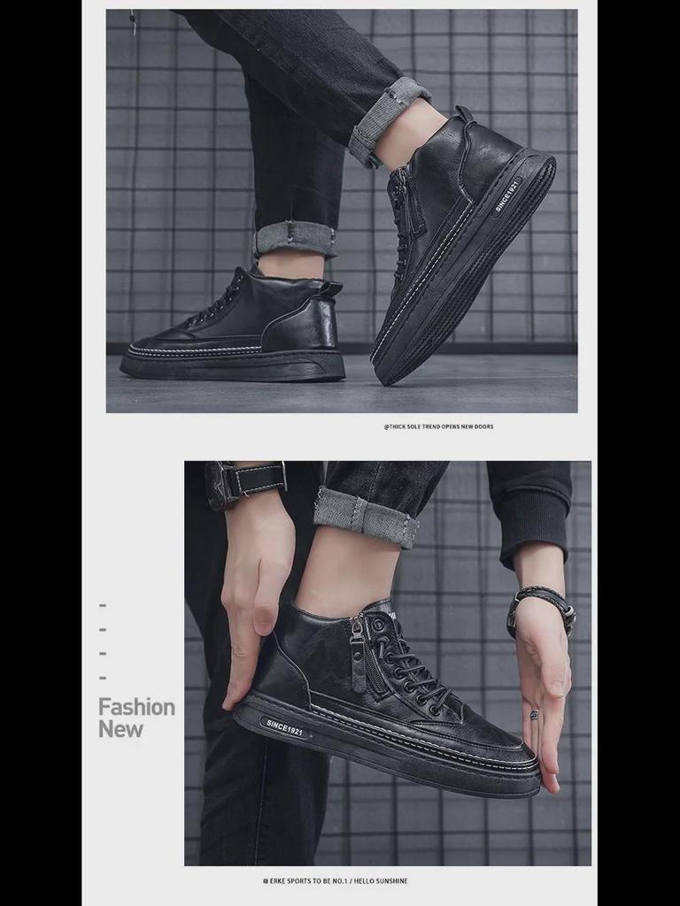 Botas Martin de cano alto de veludo de inverno masculinas - Sapatos casuais de couro com sola grossa e algodão quente da moda