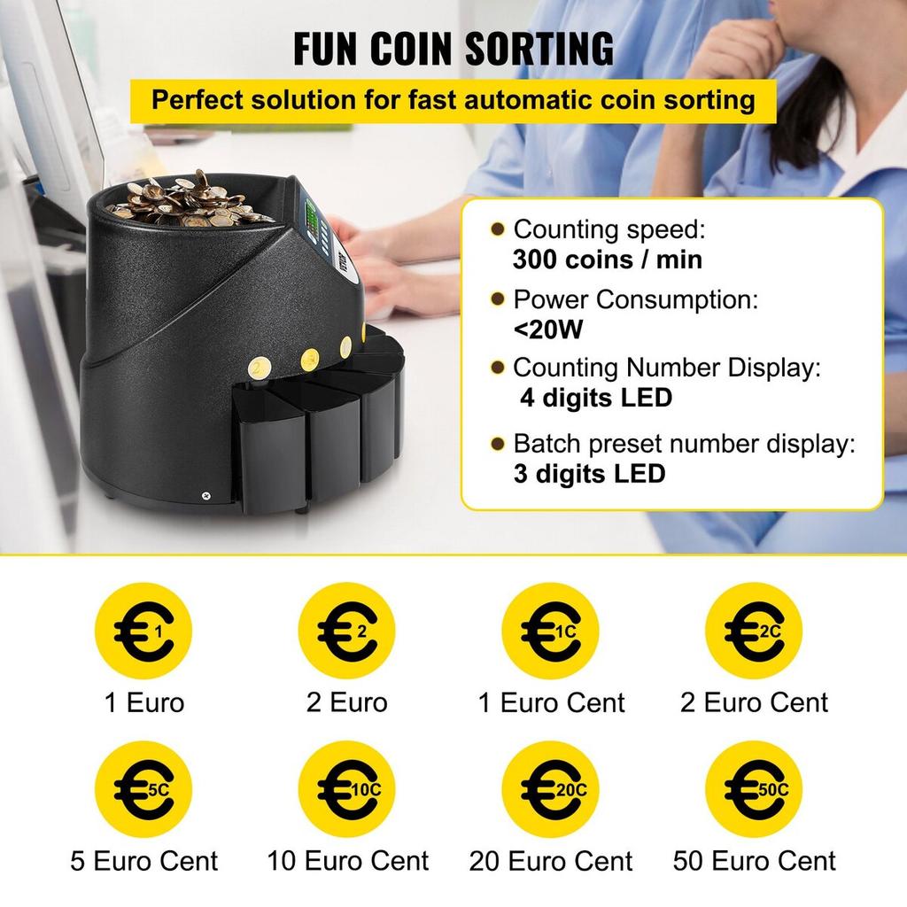 Compteur Trieur de Pièces Euro 500-1000 Pièces Machine Électronique Automatique de Comptage de Pièces EUR 300 Pièces par Minute avec 8 Tiroirs à Pièces pour École Magasin Banque