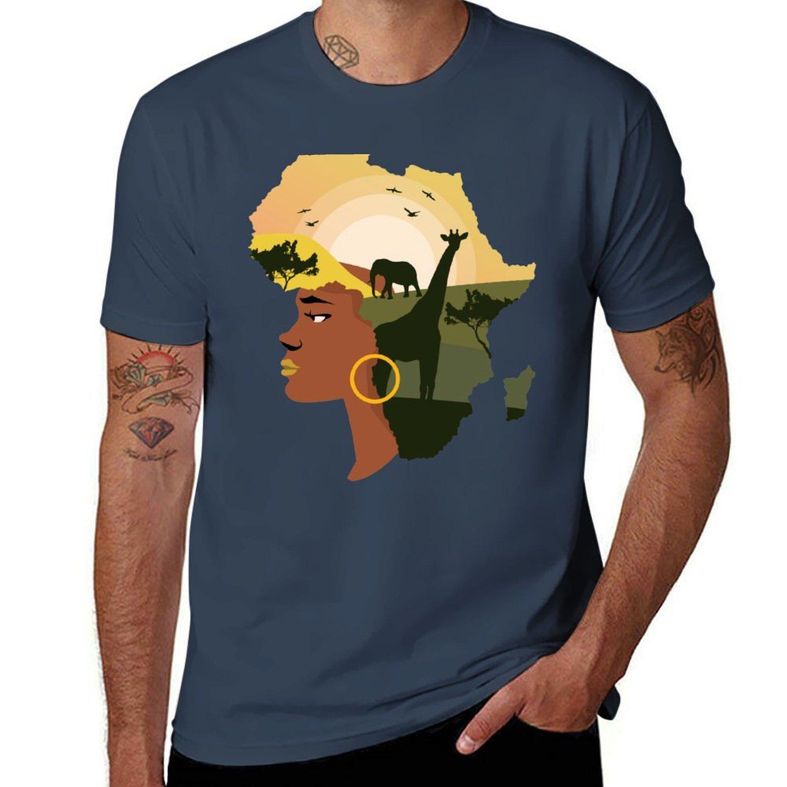 Africa with elephant and giraffe TShirt Active Sports Short Sleeve Cotton Shirt S