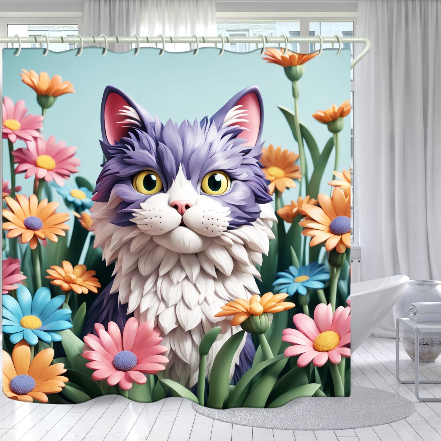 

Bathroom With Purplish White Cat 3D Shower Curtain, Luxury Bathtub Standard Shower Curtain, Waterproof And Bright Fabric Shower W60H190(CM)-1 Pcs