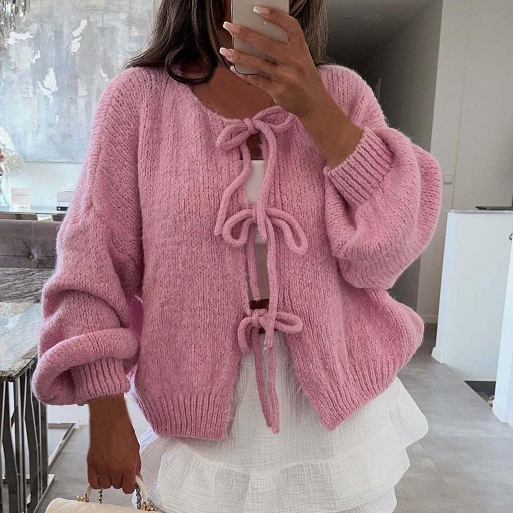 Damen-Strickjacke mit Rundhalsausschnitt, langen Ärmeln und Schnürung