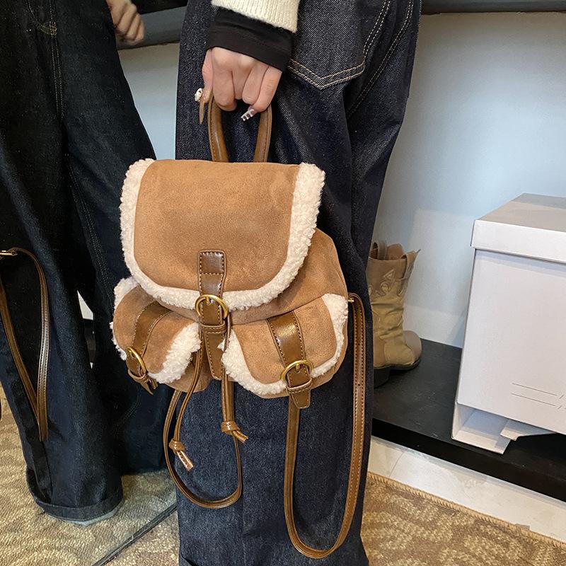 Textured Matte Retro Backpack Women's New Winter Matte Backpack Student Class Schoolbag Bucket Bag