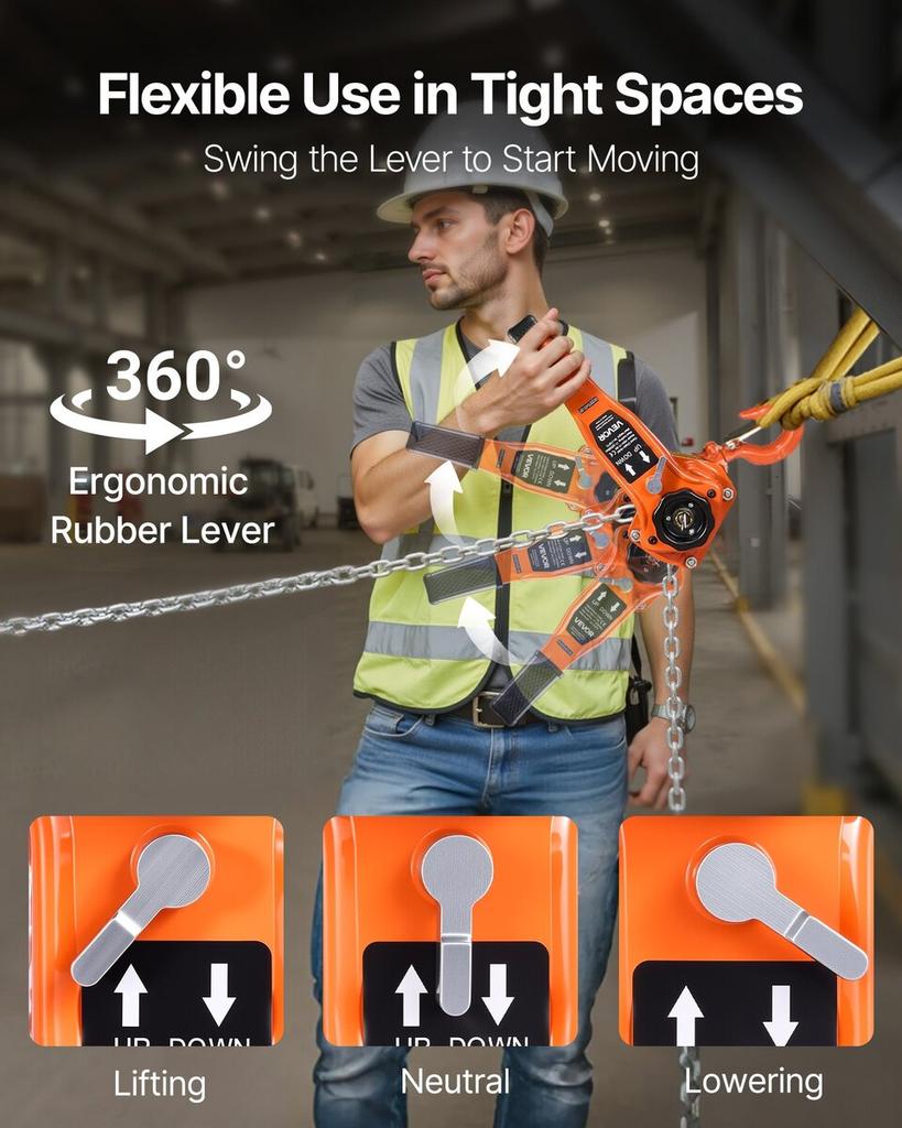 Manual Lever Chain Hoist, 1T 1000KG Capacity Heavy Duty Come Along, 3M Lift G80 Alloy Steel Chain With Dual Pawl Mechanical Brake, 360° Rotating