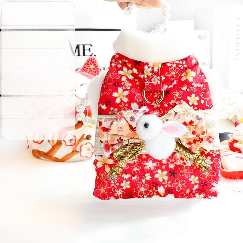 

1PC Dog Clothes Autumn and Winter Thick Cat Princess Romantic Cherry Blossom Kimono Cotton Coat Small Dog Teddy S