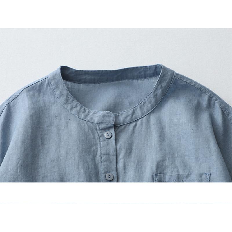 2025 summer shirt stand-up collar four-quarter sleeve white shirt loose large size sunscreen shirt cotton and linen women's clothing C025-815