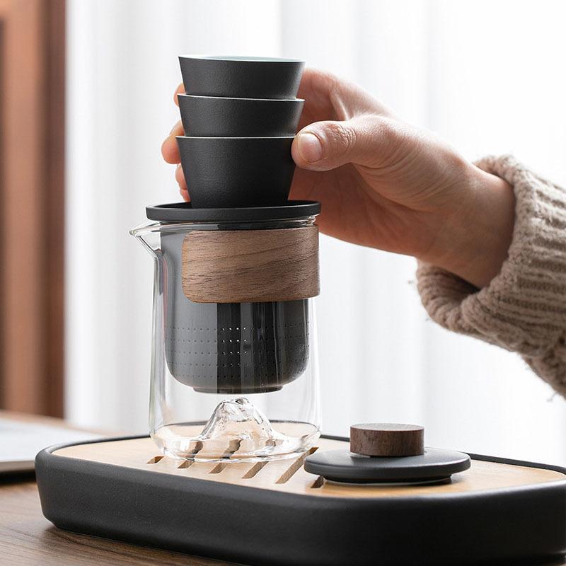 4pcs Camping Cup Travel Tea Set Kung Fu Tea Set Glass 1 Pot 3 Ceramic Cup Outdoor Teapot Small Set Cup Set