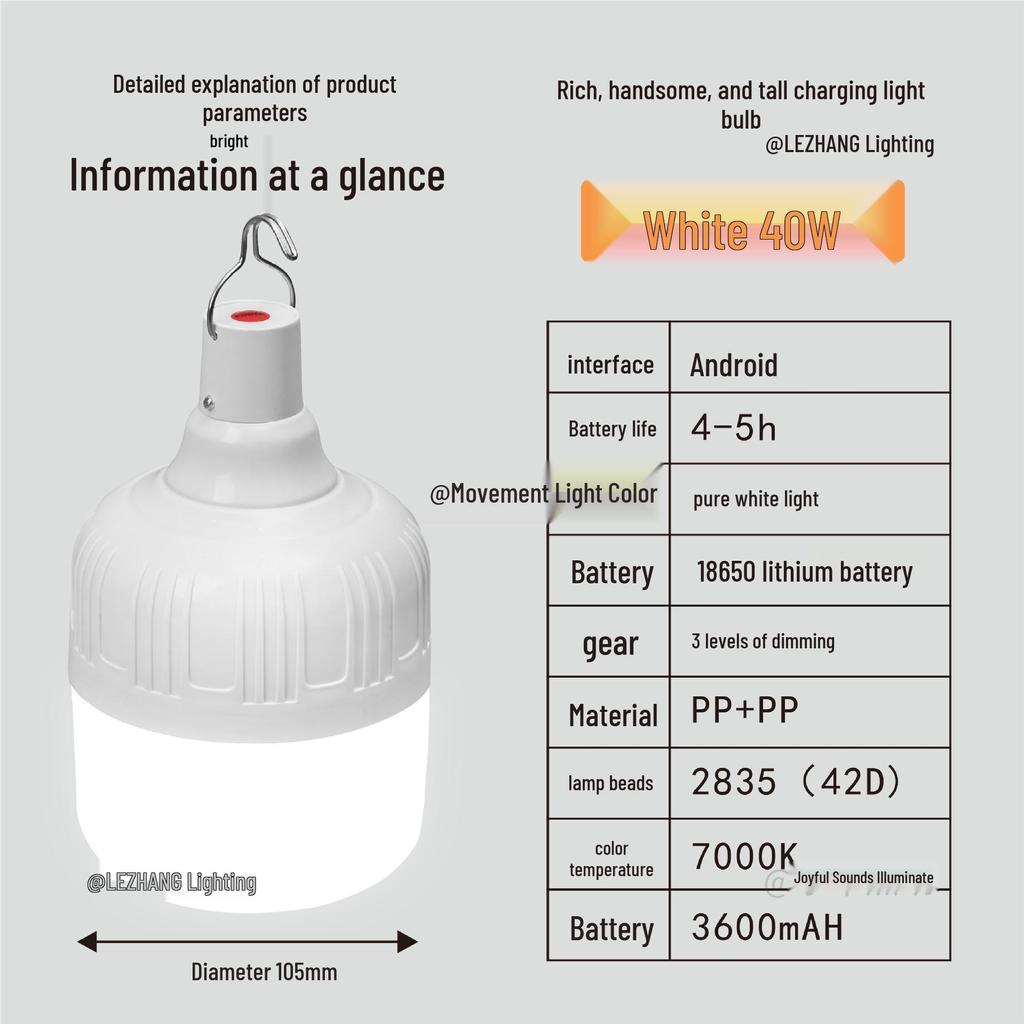 Rechargeable LED Light Bulb for Home, Outdoor, Camping, Night Market, and Emergency Power Outage Use