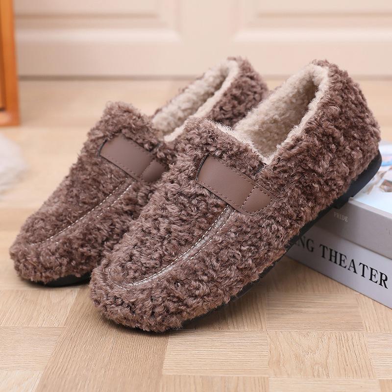 

Зимние флисовые лоферы для женщин, обувь для ходьбы, повседневные теплые домашние тапочки, нескользящие уютные домашние туфли, женские пушистые рабочие балетки 41 темно-коричневого
