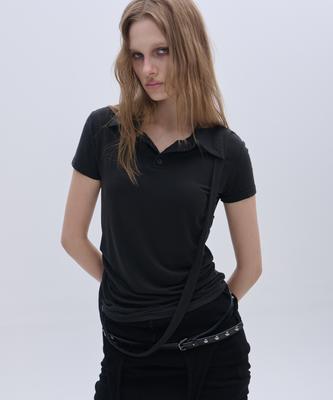 PLACE STUDIO Strap Side Shirring Slim Fit Standard Women'S Collar Soft Short Sleeve T-Shirt [Charcoal]